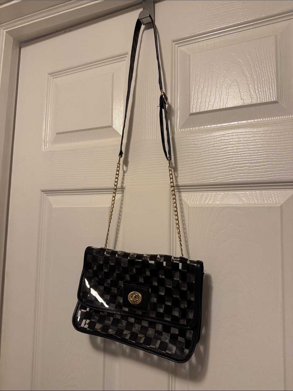 Black Check-Pattern Crossbody Bag with Gold Chain